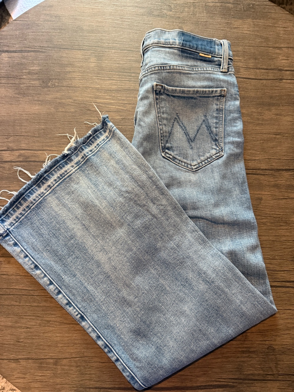 MOTHER Light Wash Denim Wide Leg Jeans with Frayed Hem